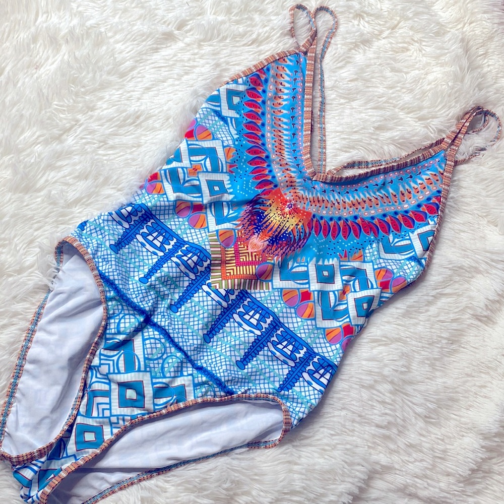 Blue Orange White Tribal Print One Piece Swimsuit Size Large